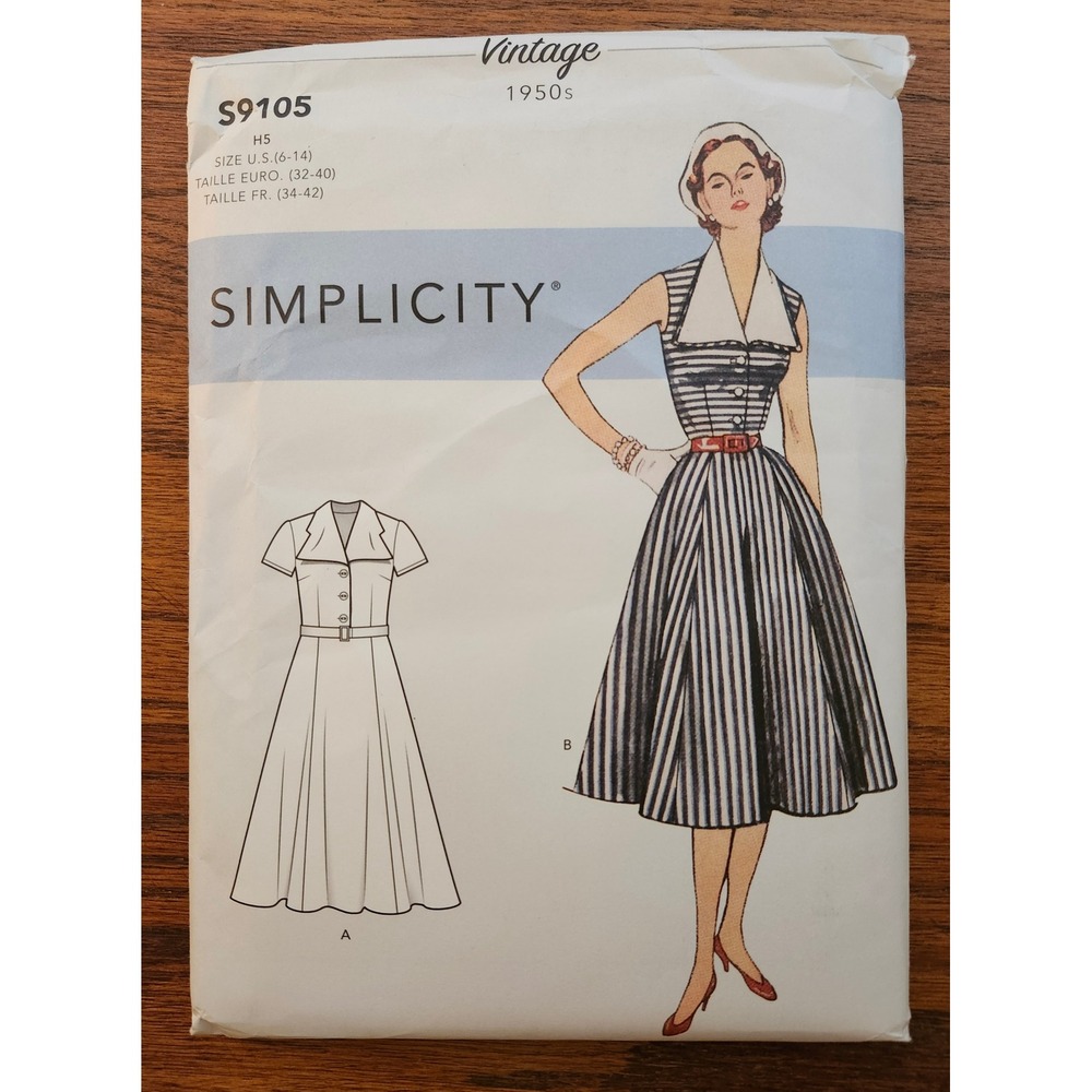 Simplicity S9105 Vintage 1950s Dress Sewing Pattern Detachable Collar Size 6-14